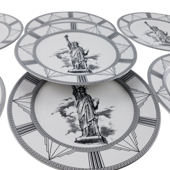 Royal Norfolk Statue of Liberty Art Deco Salad Dessert Plates Set 7 Unused - Picture 3 of 7